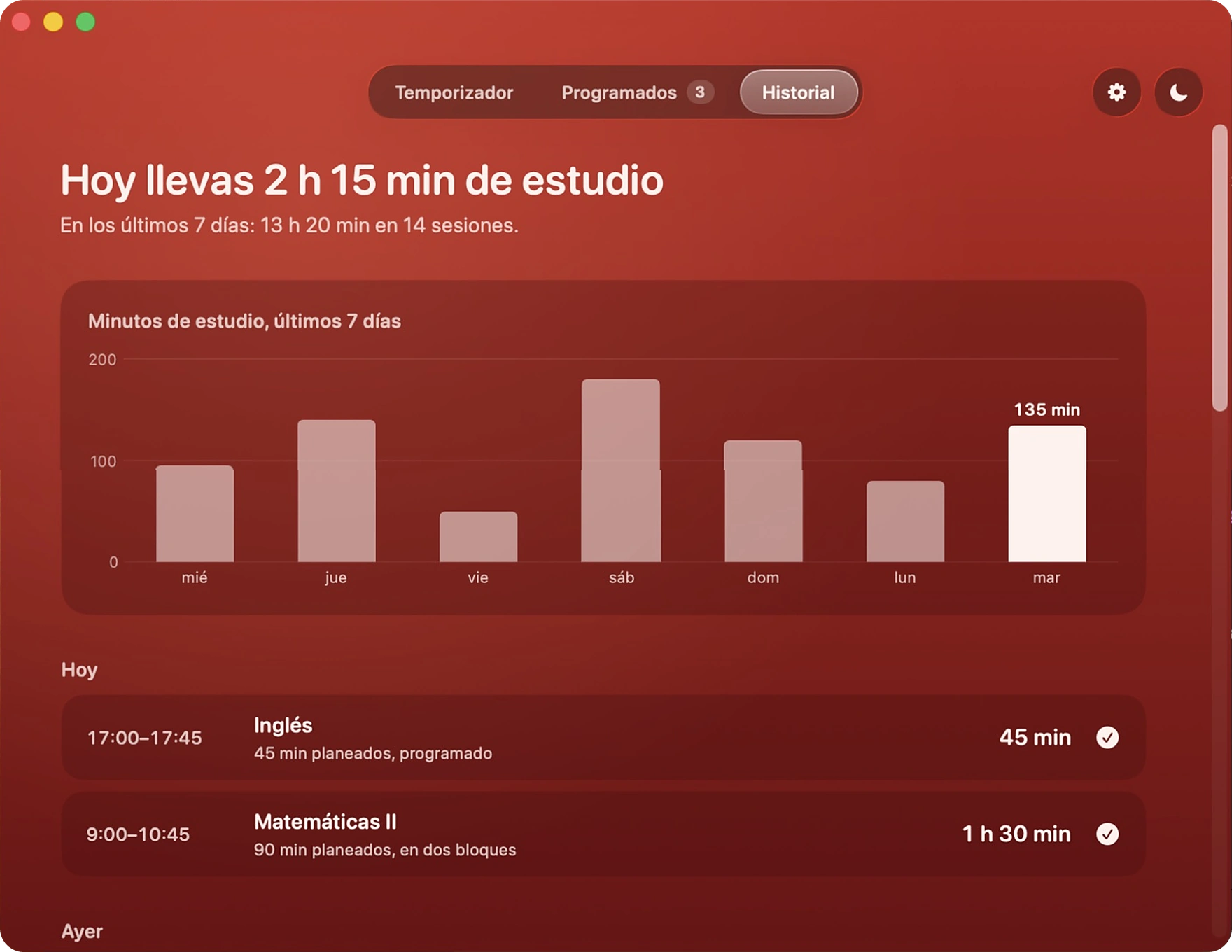 Historial de Tomate en modo tomate: el resumen de hoy, la gráfica semanal y las sesiones del día
