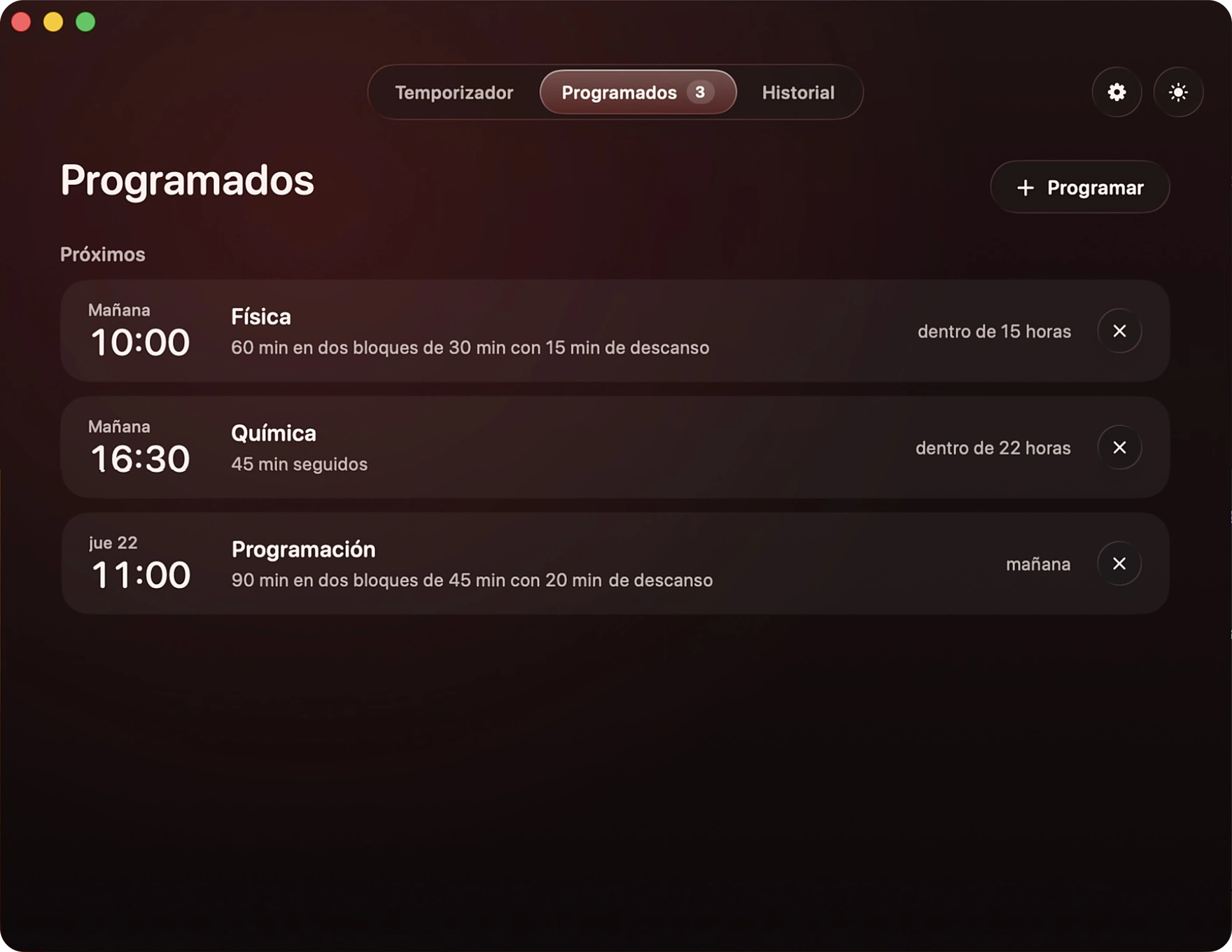 Programados de Tomate en modo oscuro: la lista de pomodoros programados para mañana y pasado