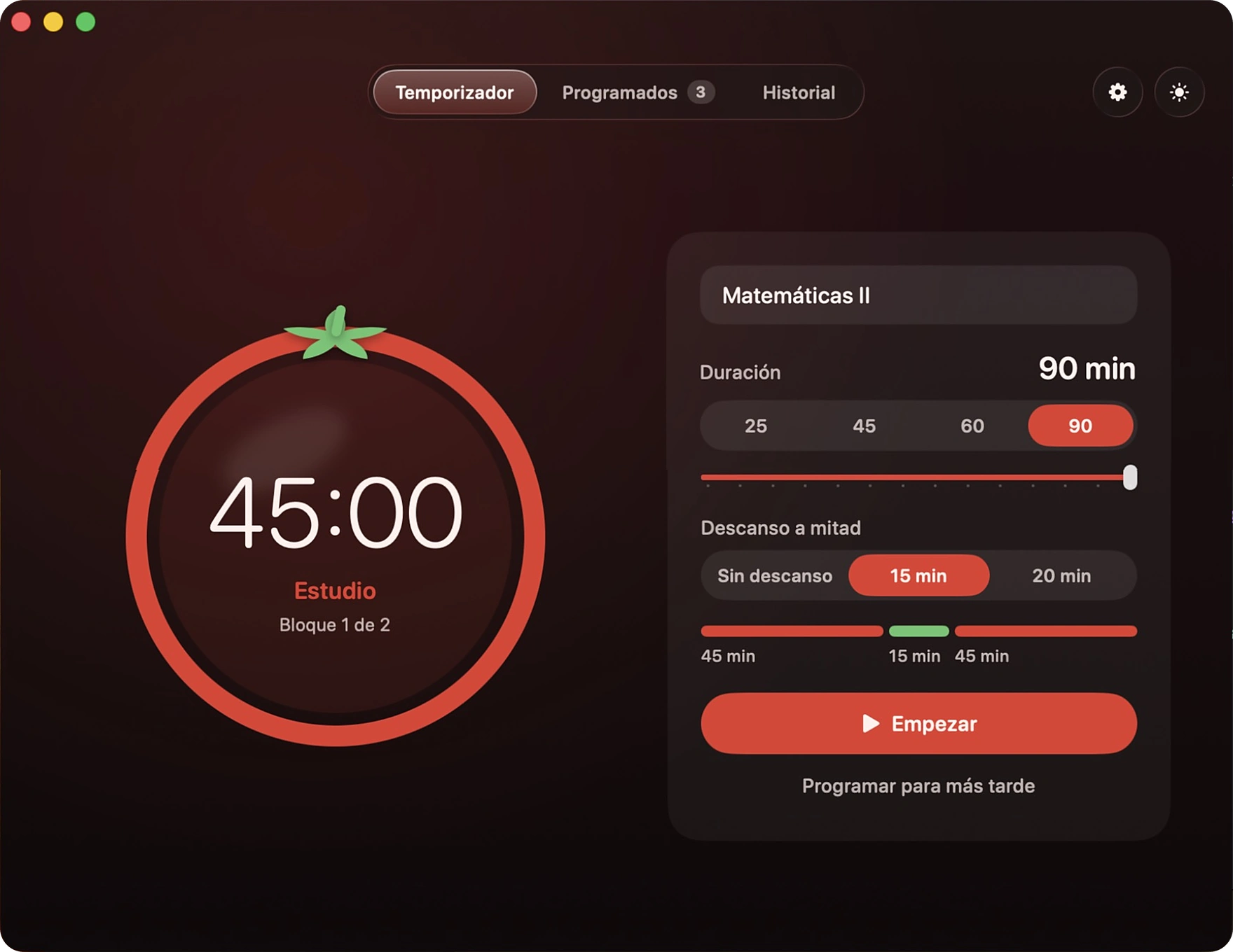 Temporizador de Tomate en modo oscuro: el dial con 45:00 y el plan de 90 minutos en dos bloques con 15 minutos de descanso