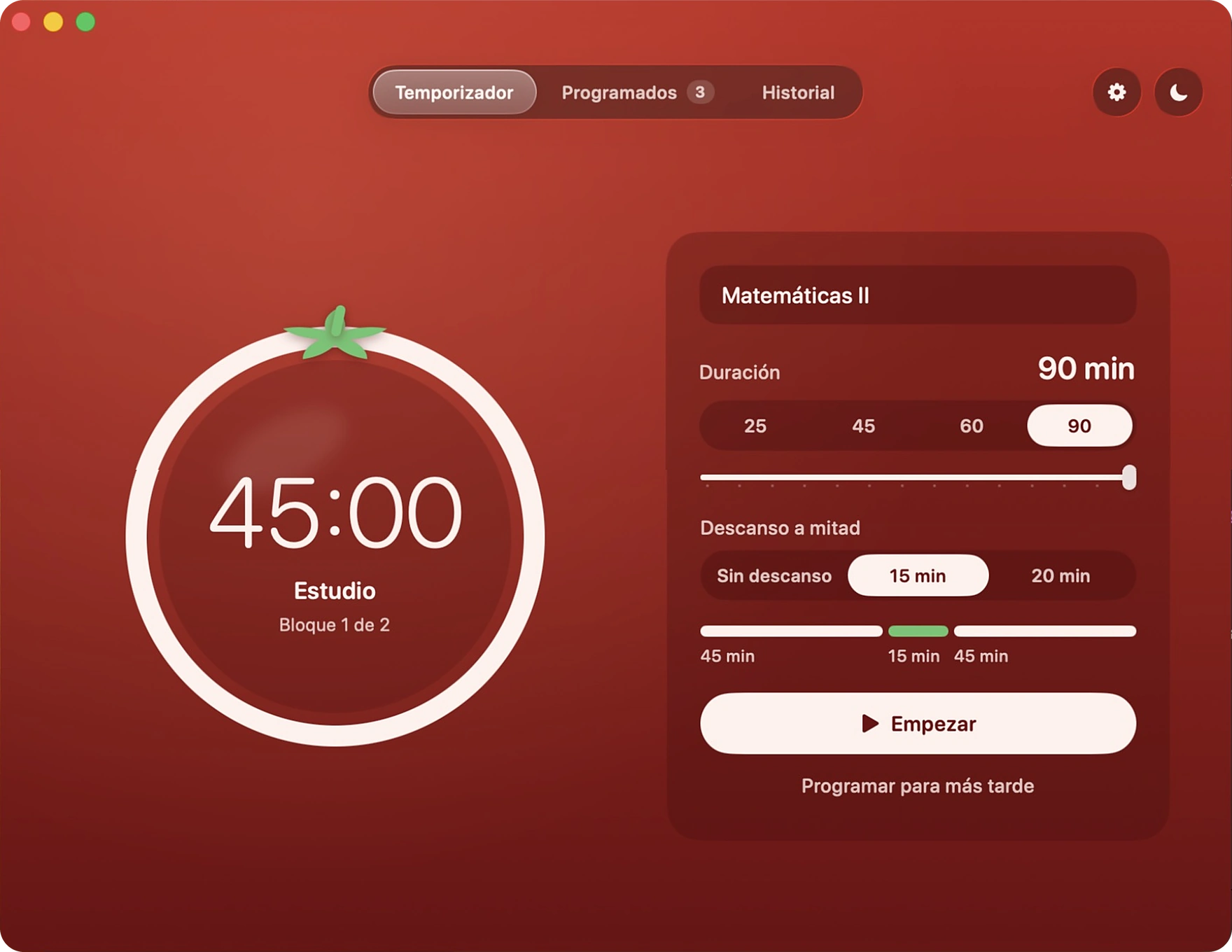 Temporizador de Tomate en modo tomate: el dial con 45:00 y el plan de 90 minutos en dos bloques con 15 minutos de descanso